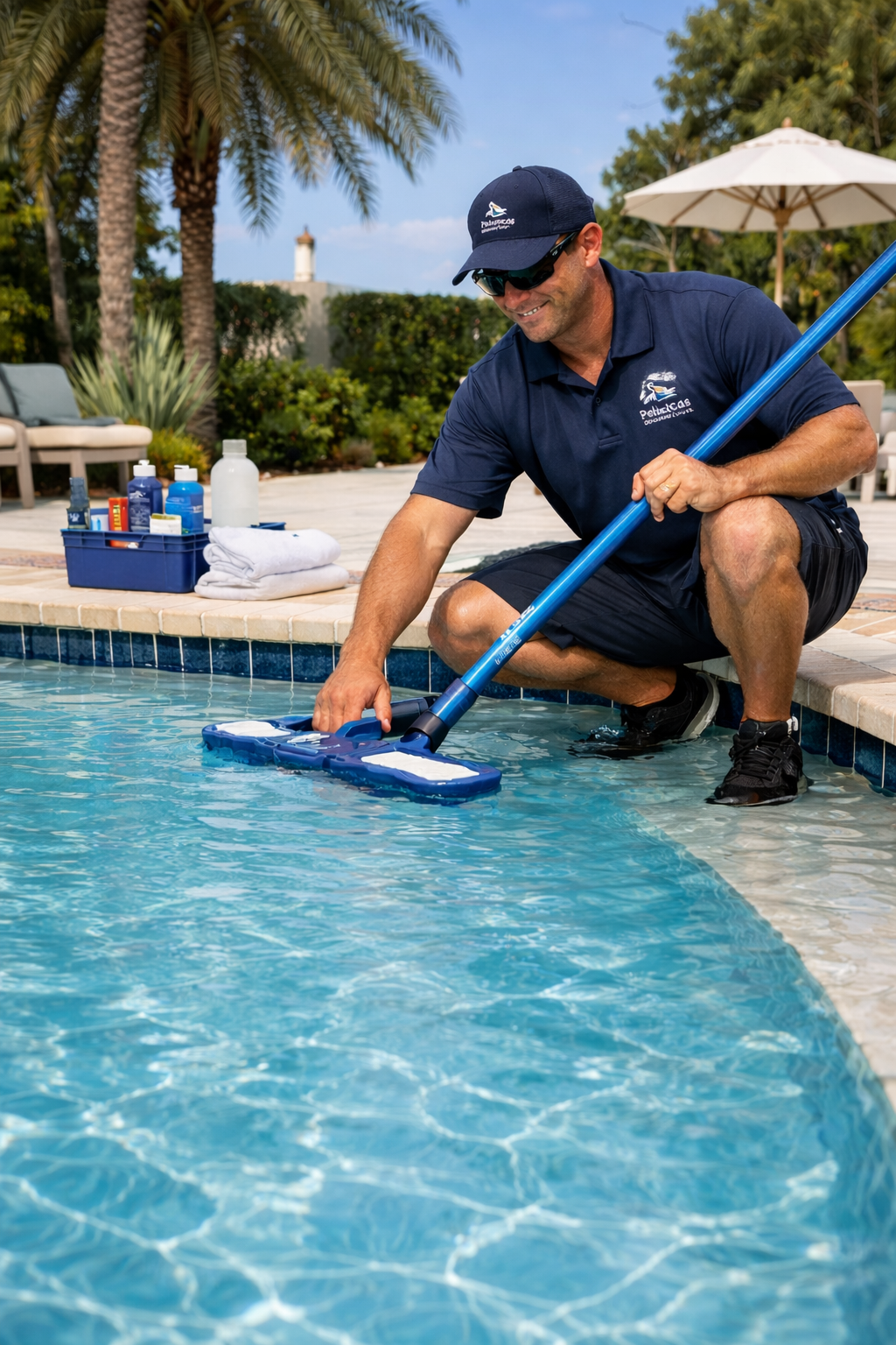 Pool technician cleaning pool